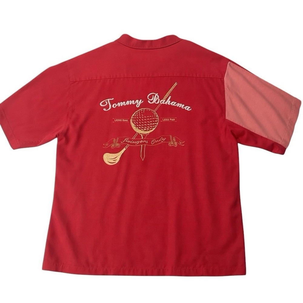 Tommy Bahama Silk Camp Shirt XL Red Colorblock Embroidered Golf Casual
